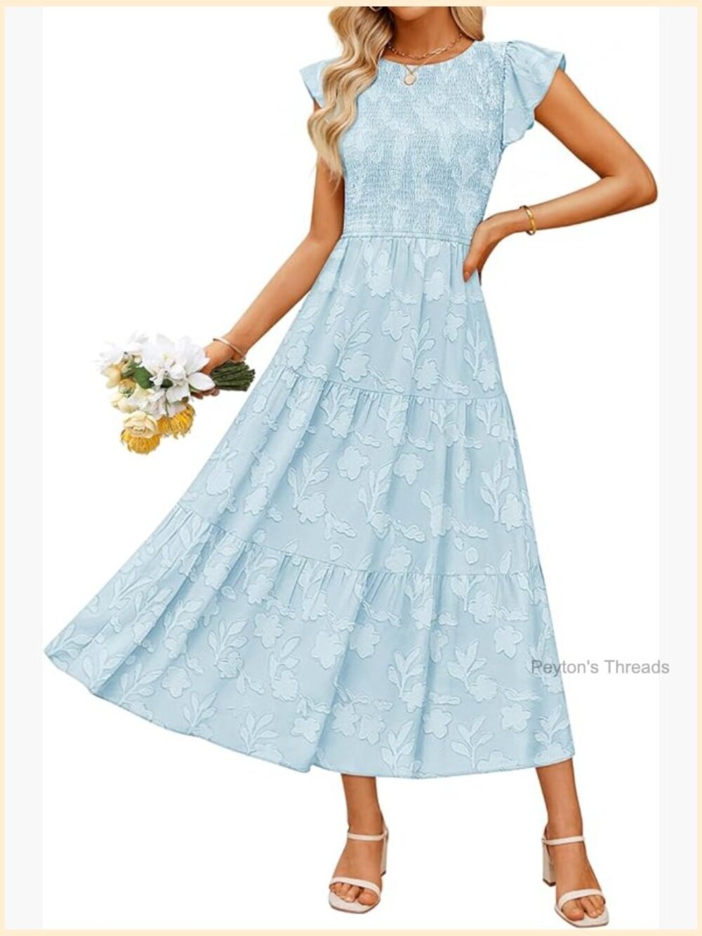 Crewneck Flutter Short Sleeve Smocked Flowy Midi Dress